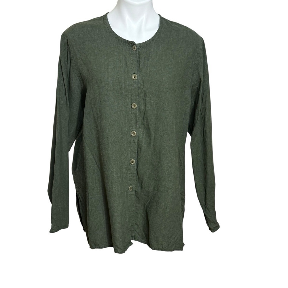 Flax linen long sleeve button up shirt jacket shacket laganlook size medium